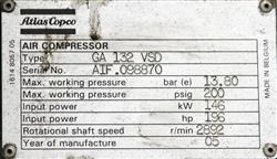 Image 196 HP ATLAS COPCO GA132VSD Air Compressor, 200 psi 528982